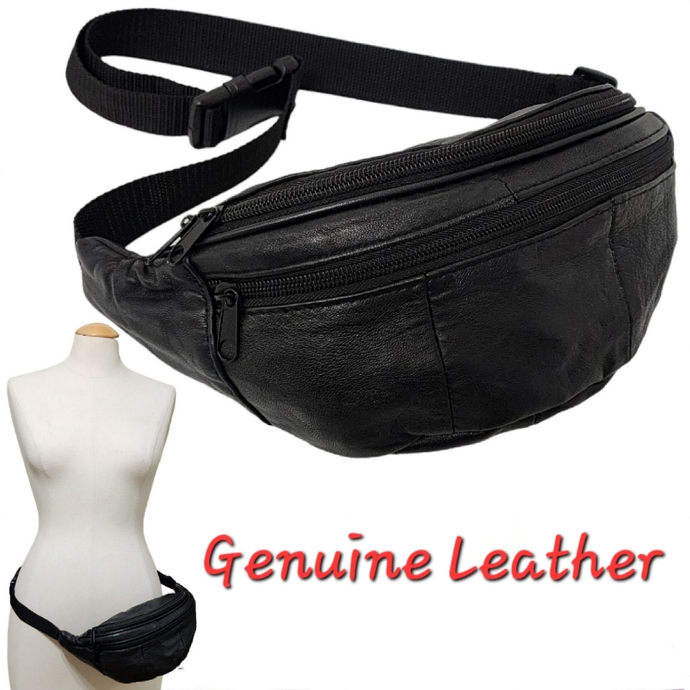 Vtg Fanny Pack Black Genuine Leather Waist Belt Sling Bag 36" - 50"